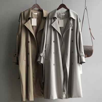 Eleganter klassischer langer Trenchcoat für Damen, schick, Khaki, Zweireiher, Taschen, Jacken, koreanisches schlichtes Design, lässig, neue Kleidung für den Winter