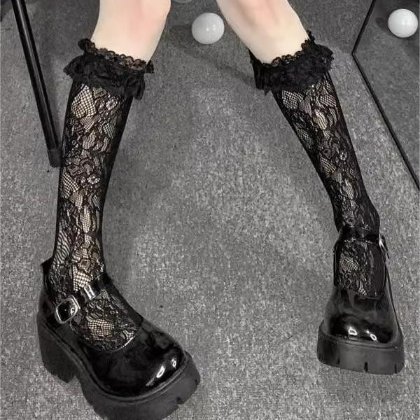 Lolita White Mid-Calf Lace Trim Socks