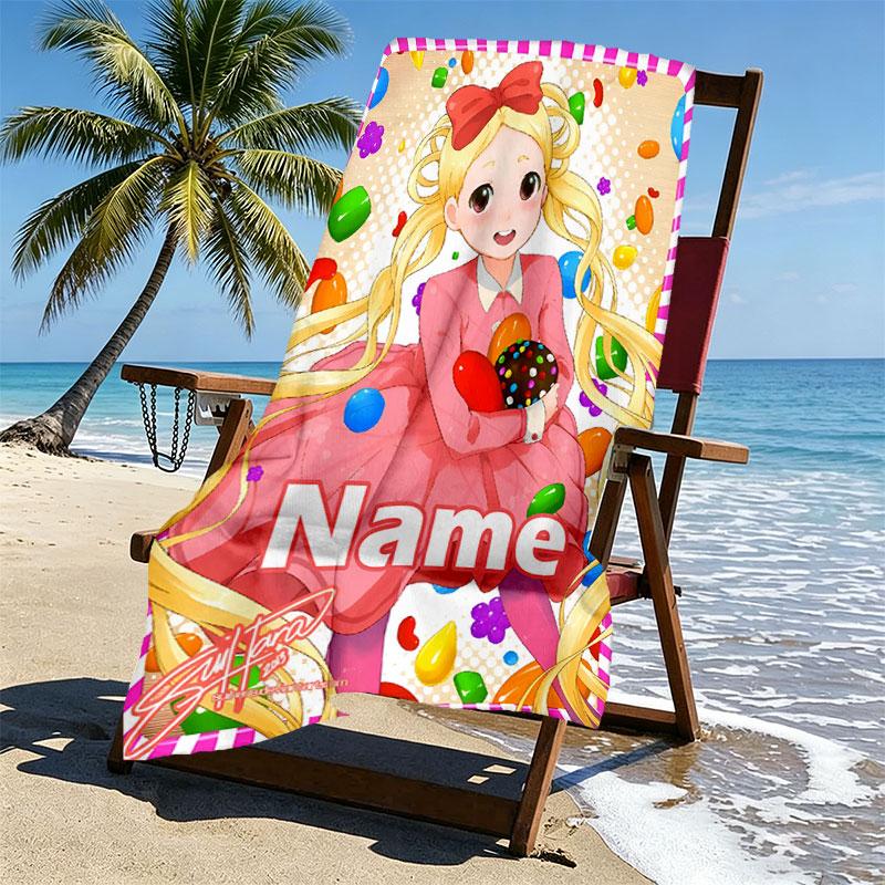 Custom Name Personalized Candy Crush Saga Print Beach Towel, for Trip Camping Beach Party Home Decor, Birthday Gift for Family & Friends