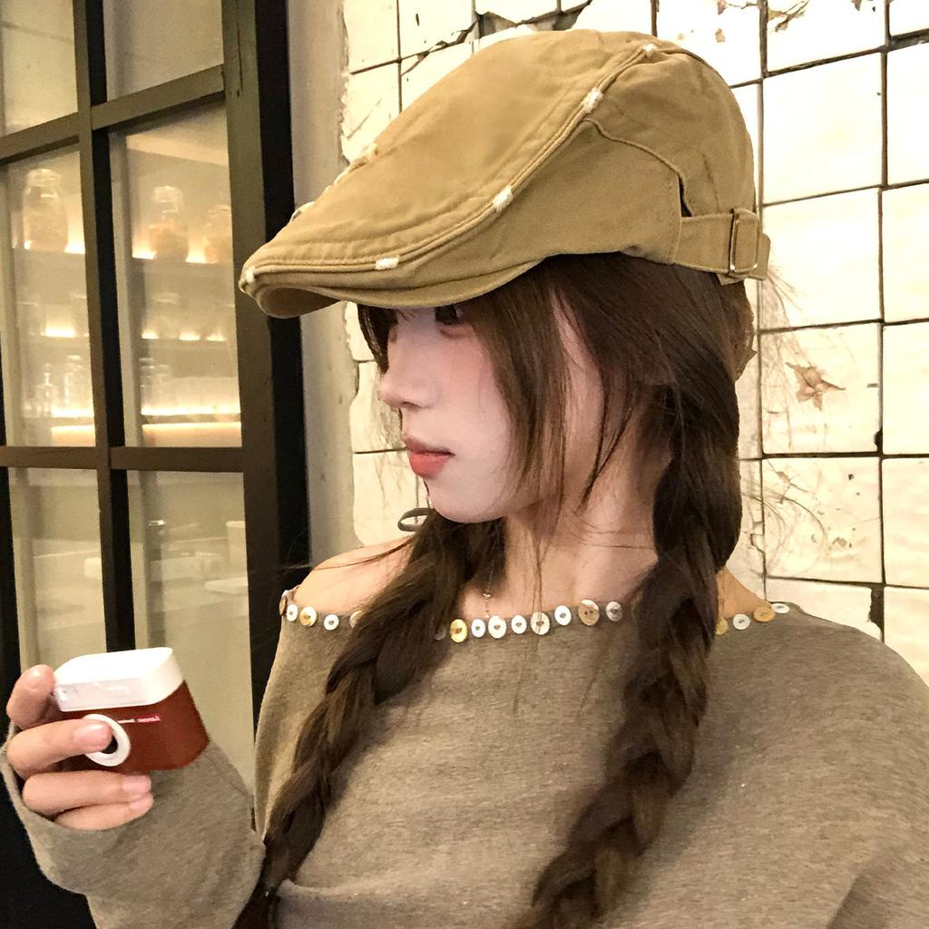 American Retro Old Hole Star Forward Hat Female Autumn And Winter Sweet Cool Face Little Beret Fashion Newsboy Hat