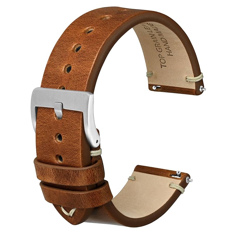 

[Anbeer] 18mm watch band military type top grain leather Quick Release watch baltic light brown silver buckle