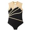Girls Gymnastics Leotard: Metallic Striped Sheer Mesh Patchwork Keyhole Back Sleeveless Bodysuit for Dance Performance