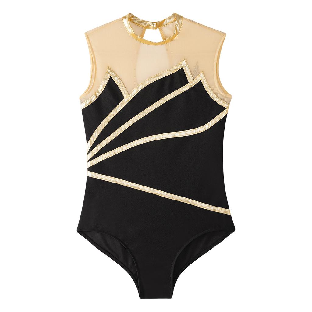 Girls Gymnastics Leotard: Metallic Striped Sheer Mesh Patchwork Keyhole Back Sleeveless Bodysuit for Dance Performance