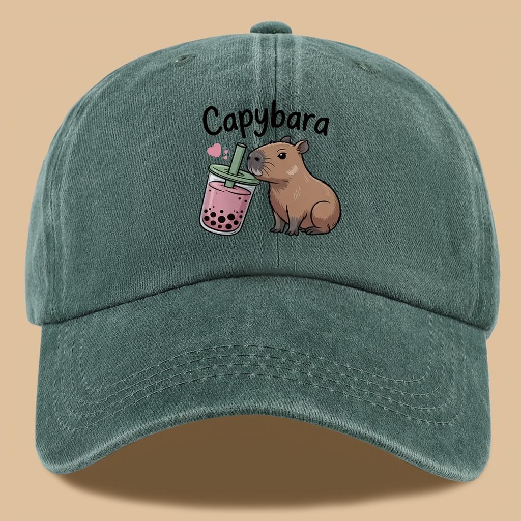 PC Niedliches und Stilvolles Design Bedruckte Baseballkappe mit Capybara Milchtee Trink-Aufdruck Urbane Lässige Kopfbedeckung Schwarz Papa Trucker