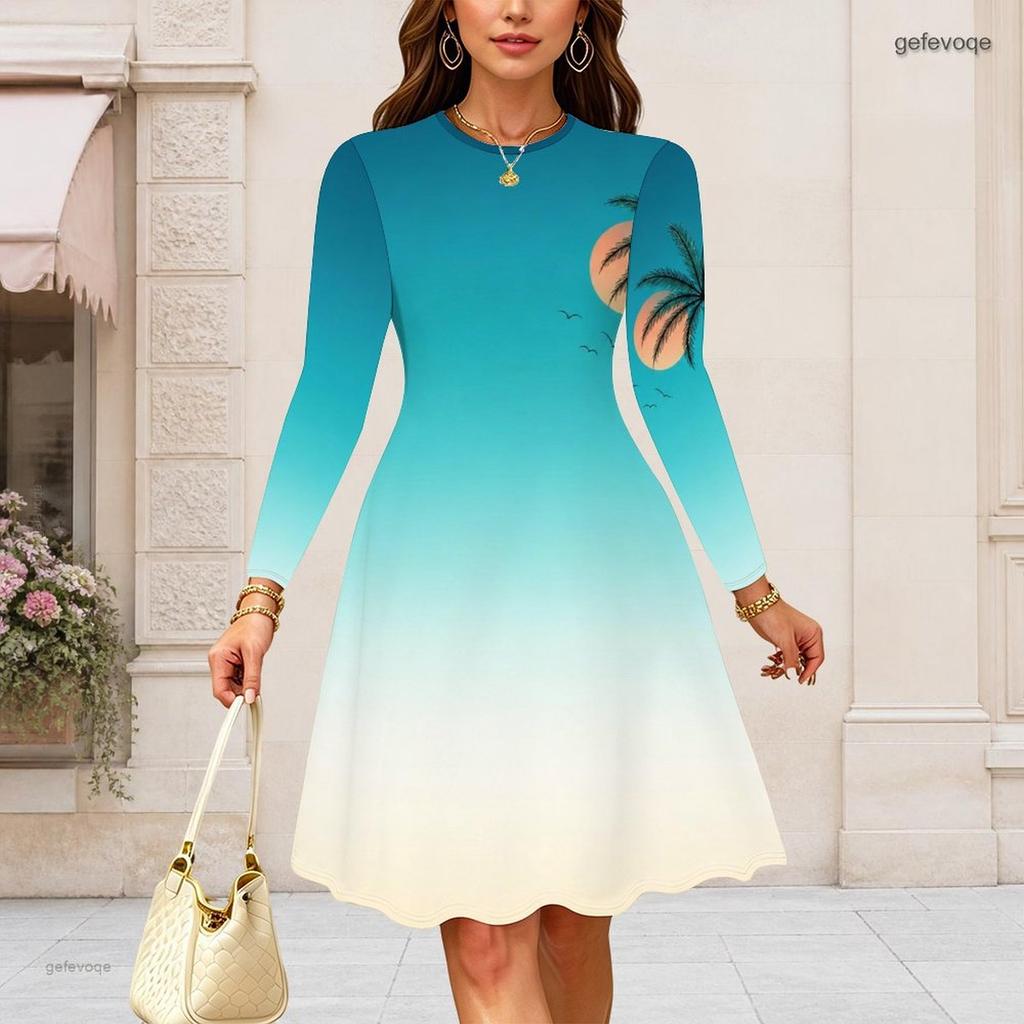 Women Plus Size Round Neck Long Sleeve Clover Printed A Line Flared Dress