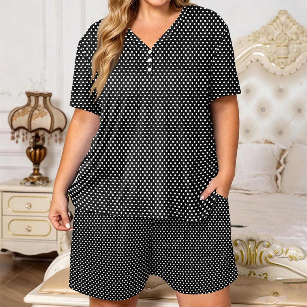 Women's Plus Size Short Sleeve Round Neck Printed 2-Piece Outfit Set - Casual Loose Fit Summer Shorts