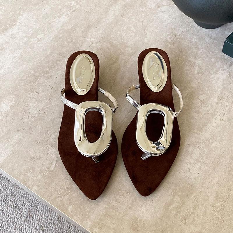 Fashion Fashion Metal Ladies Low Heel Slippers Shoes Summer Beach Luxury Female Flip Flops Women Heeled Slippers Slides Sandals Shoes