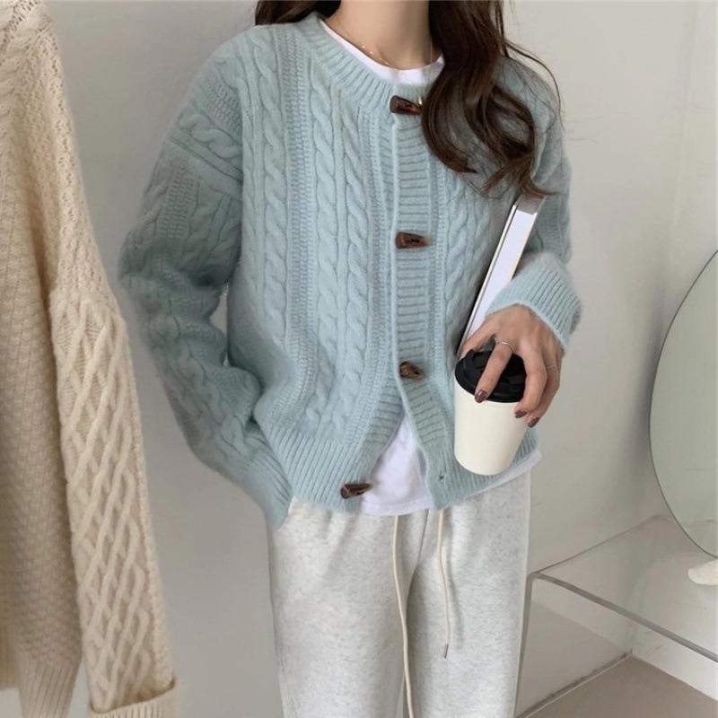 Women Solid Color Round Neck Horn Button Short Knit Cardigan Sweater Outerwear