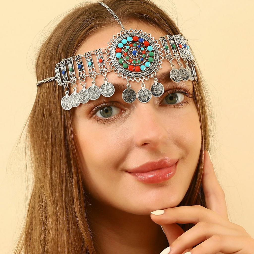 Bohemian Ethnic Indian Head Jewelry Retro Alloy Hollowed Out Colored Acrylic Coin Tassel Head Chain For Women Bridal Headdress