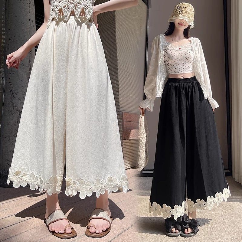 Ice Silk Flower Patchwork Wide Leg Pants for Women Summer Thin High Waist Loose Straight Drape Casual Ankle Pants