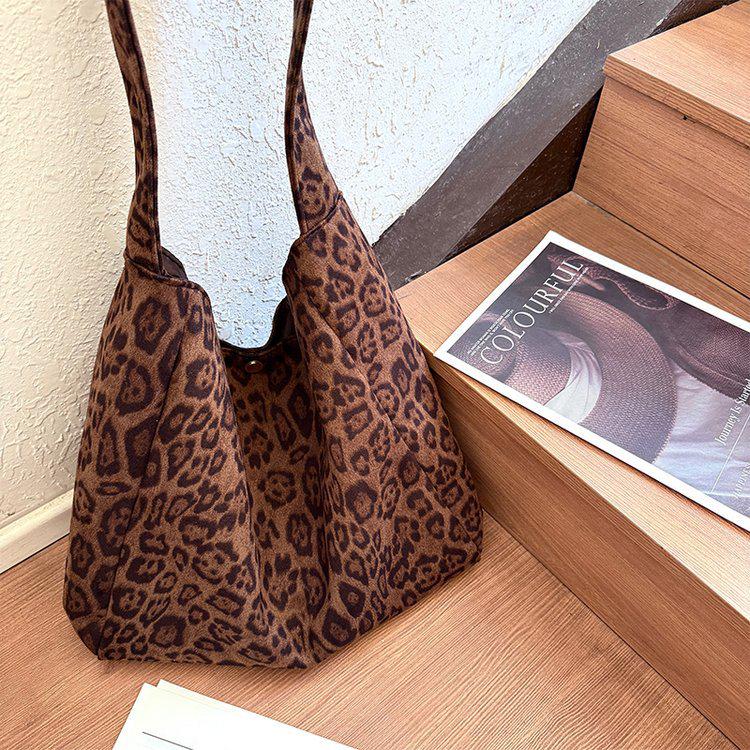 Korean Leopard Print Canvas Tote Bag - Autumn/Winter Casual, Large Capacity, Lazy Style Shoulder Bag