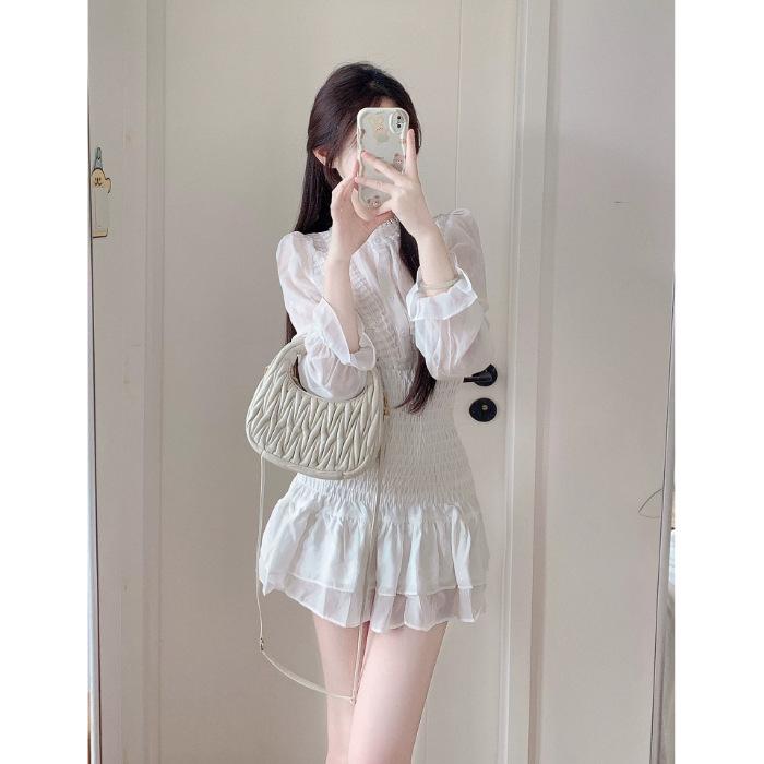 French White Long-sleeved Dress Children's Autumn Temperament Fairy Skirt Waist Thin Short Skirt