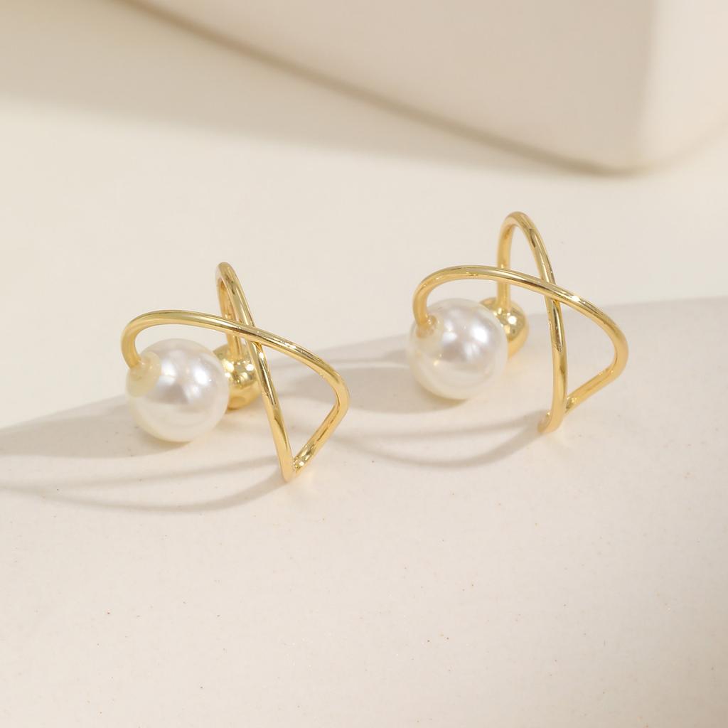 Vnox 1 Pair Chic Immitation Pearl Ear Cuff for Women Girls, Crossed Metal Lines Ear Bones Cuff, Ins Style Dainty Jewelry
