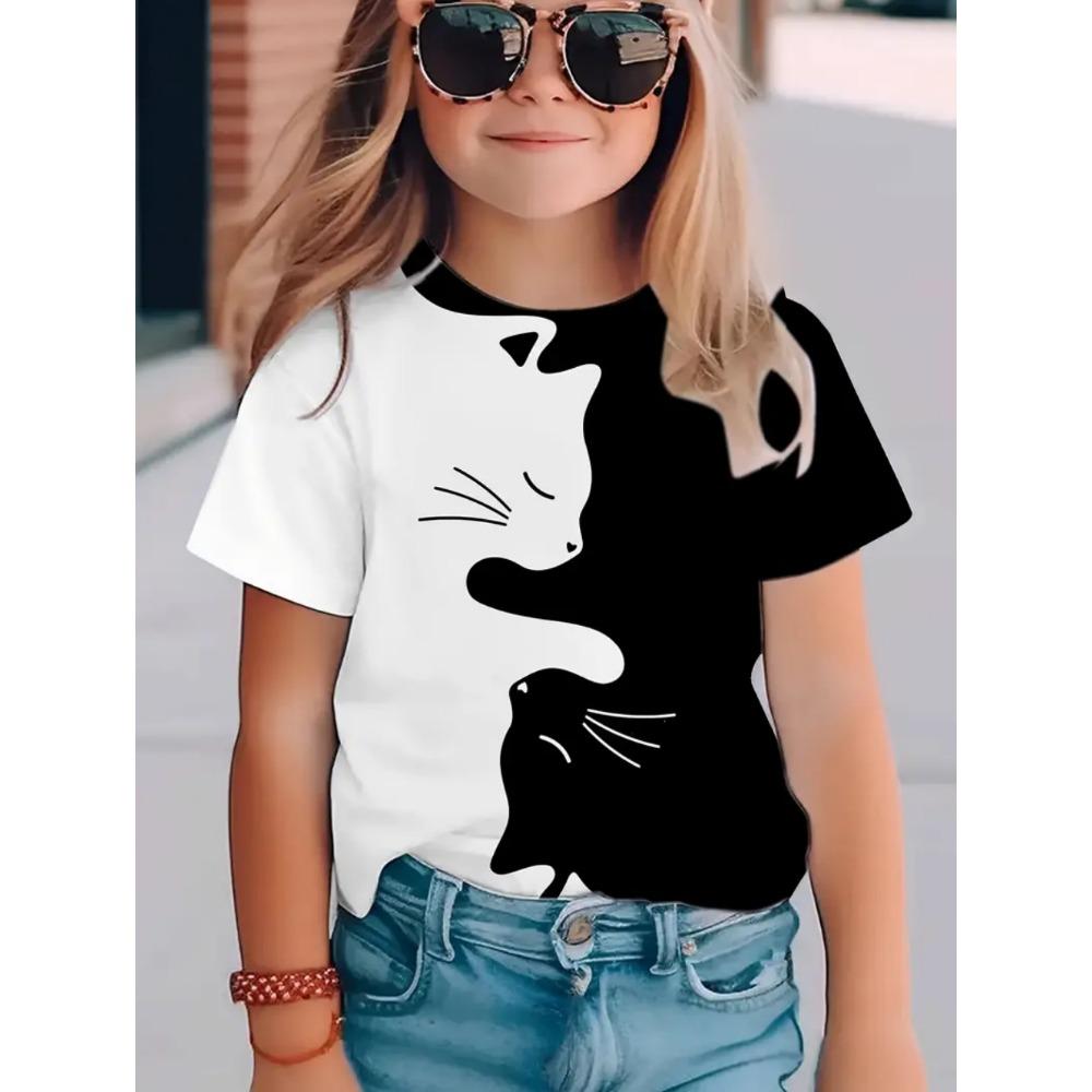 Girl Clothes Kawaii Cat Pattern Print Summer Short Sleeve Tops Casual Fashion T-Shirt Outdoor Lightweight Children's Clothing