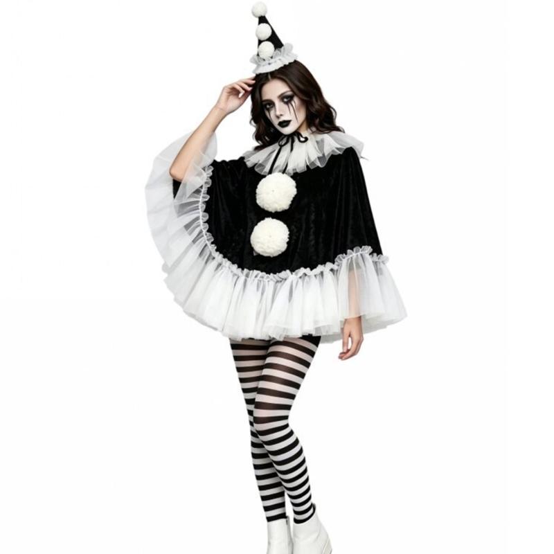 Adult Halloween Outfit Set, Black White Party Costume with Ruffle Collar and Pull On Styling for Dance Photos