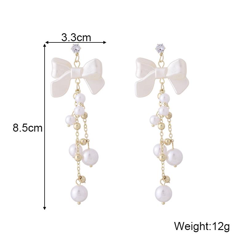 Korean Simple Imitation Pearl White Bowknot Long Tassel Earring for Women Personality Geometry Ear Jewelry Korean Fashion