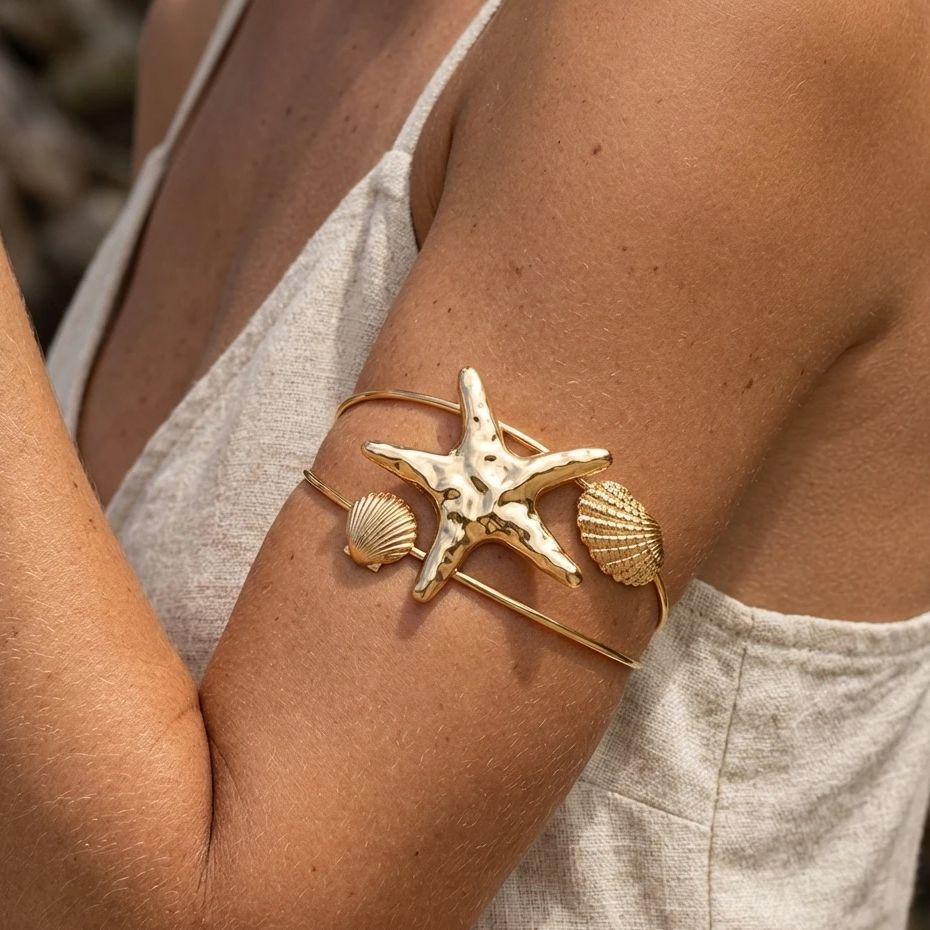 Bohemian Double Shell Upper Arm Cuff Bracelet Bangle for Women Exaggerated Starfish Armlet Summer Vacation Jewelry Gifts