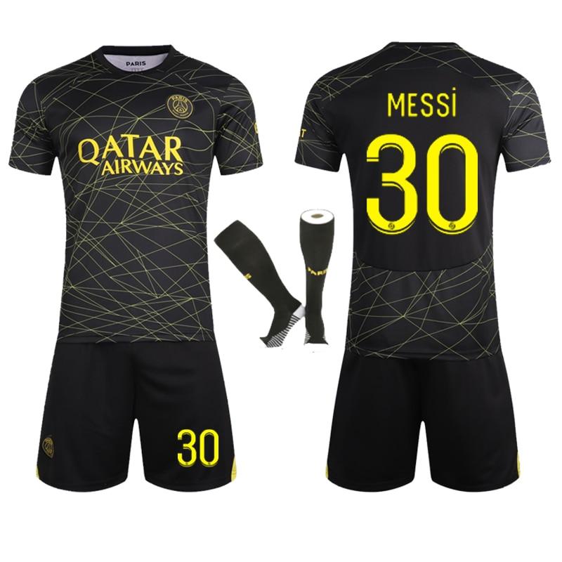 Kids Sports Equipment Paris Messi Football Jersey Set Breathable Quick-Dry Kids Soccer Training Uniform Blue White Stripes Ages 3-12