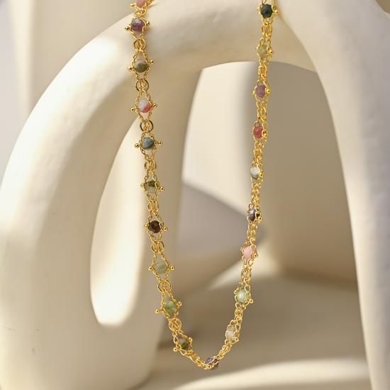 French Retro Colorful Tourmaline Beaded Gold-Plated Necklace