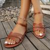 2025 Foreign Trade New Casual Flat Roman Sandals with One-word Buckle Strap Cross-woven Large-size Women's Shoes