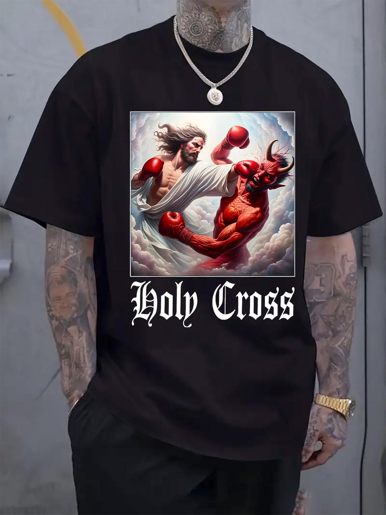 Casual Crew Neck T-shirt with Religious Boxing Graphic Print XL