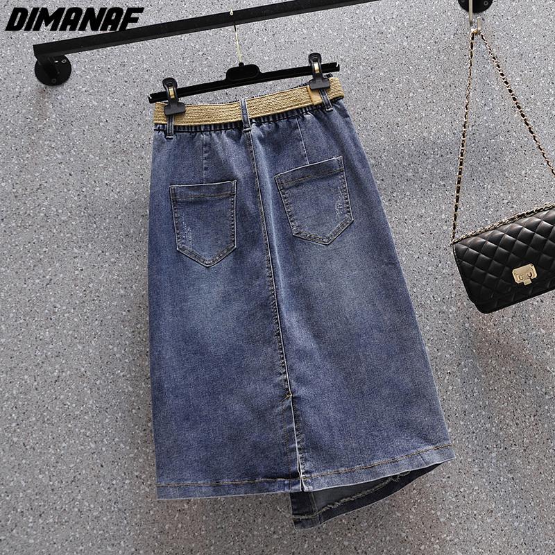 DIMANAF Plus Size Summer 2026 Lady Denim Skirts Women Clothing Blue Fashion A-Line Jeans Skirt Belt Waist