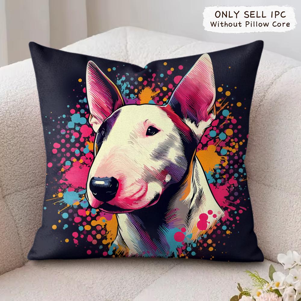 Cartoon Bull Terrier Series Cushion Cover Silky Short Plush Invisible Zipper Dustproof Sofa Pillow Case For Home Decor