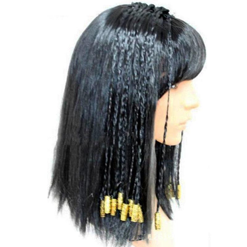 Cleopatra Cosplay Wig Ancient Egypt Queen Cosplay Vintage Braided Black Hair Gold Balls Decoration Halloween Party Wigs  +WigCap