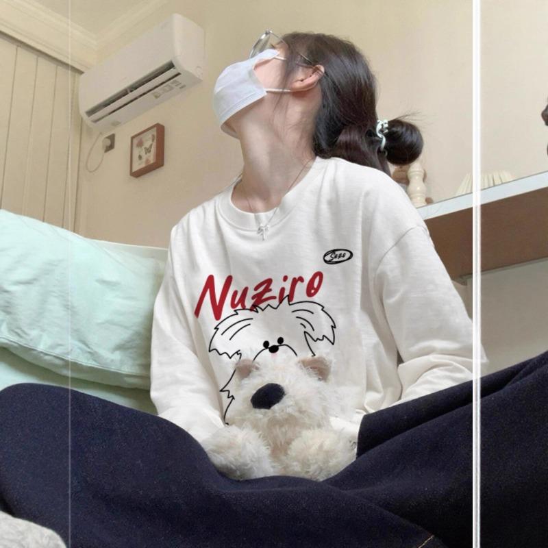 

Spring Autumn Loose Casual Lovely Printing Cotton T-shirt Women Long Sleeve Fashion All-match Pullover Tee Top M белый