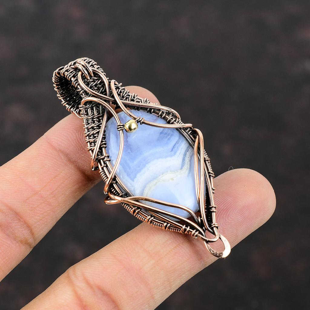 Blue Lace Agate Pendant Copper Wire Wrapped Pendant Handmade Copper Jewelry Gemstone Pendant Gift For Mom Wire Wrap Jewelry Designer Pendant
