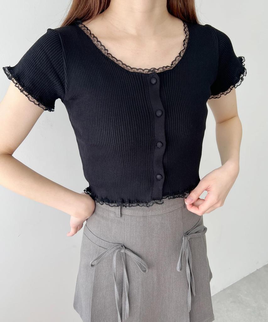 WEGO Lace Piping Short Sleeve Knit Size Black Women's Cardigan, F,