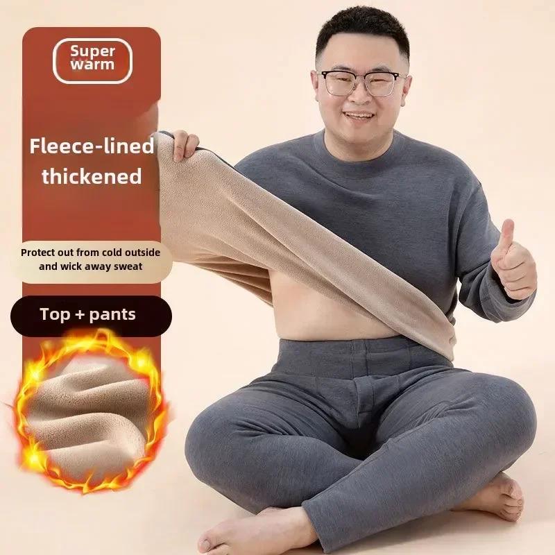 Winter New Men's Warm Underwear Women's Fat Increase Plush Thickened Lamb Fleece Round Neck Set Autumn Clothes Autumn Pants
