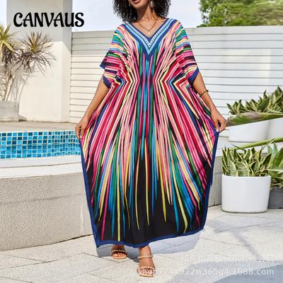 Plus Size Women's Beach Print Loose Vacation Bikini Sunblock Swimsuit with Cover Up