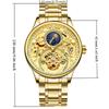 Gold Skeleton Automatic Mechanical Watch for Men Stainless Steel Moon Phase Luminous Diamond Hollow Watch