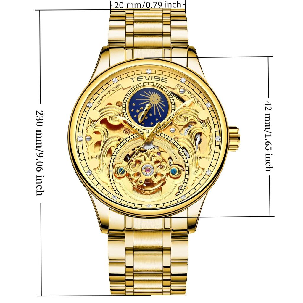 Gold Skeleton Automatic Mechanical Watch for Men Stainless Steel Moon Phase Luminous Diamond Hollow Watch