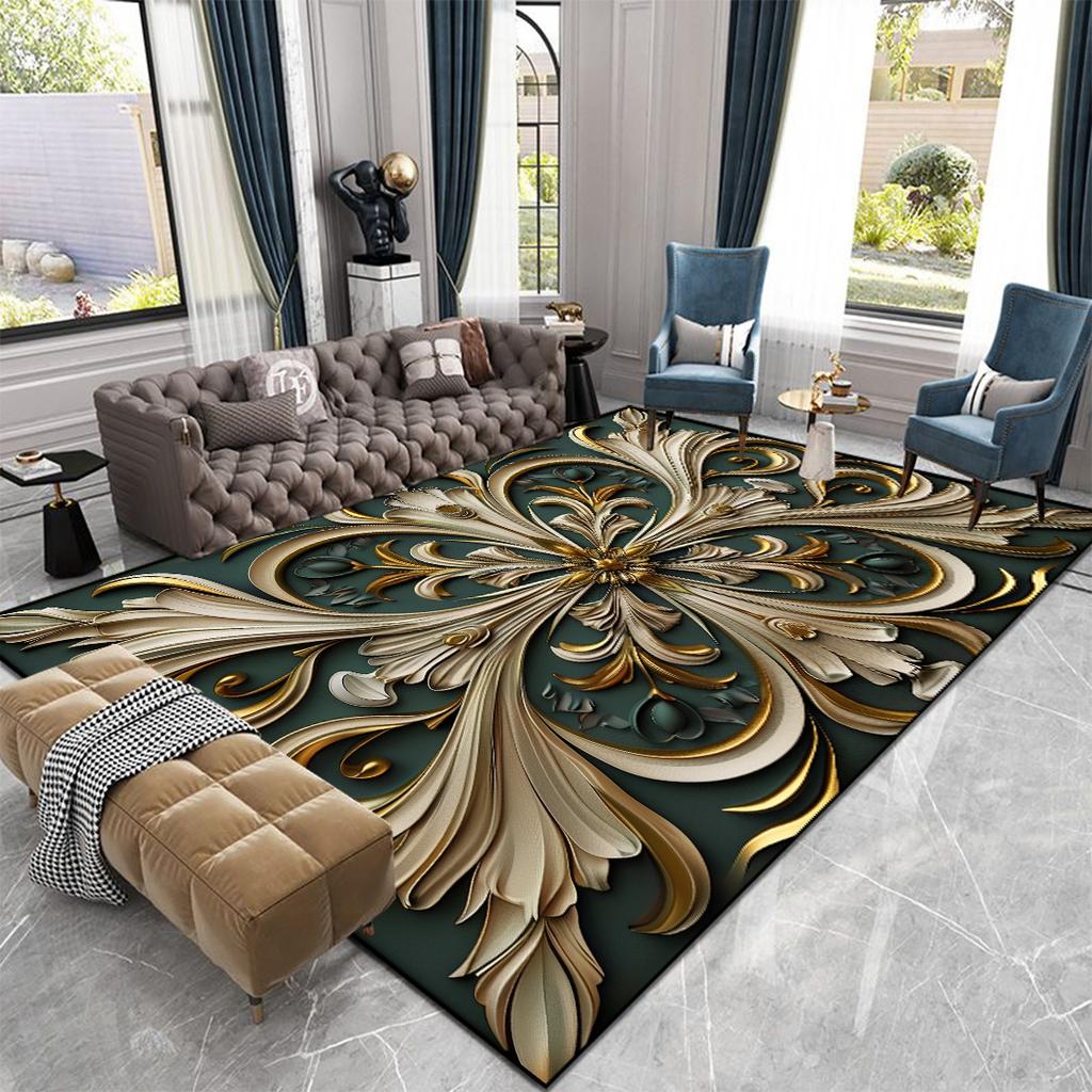 Luxusní velké koberce v evropském stylu pro obývací pokoj Zlatá dekorace Domácí salonek Pohovka Podložka na podlahu Protiskluzové Pratelné koberce do ložnice
