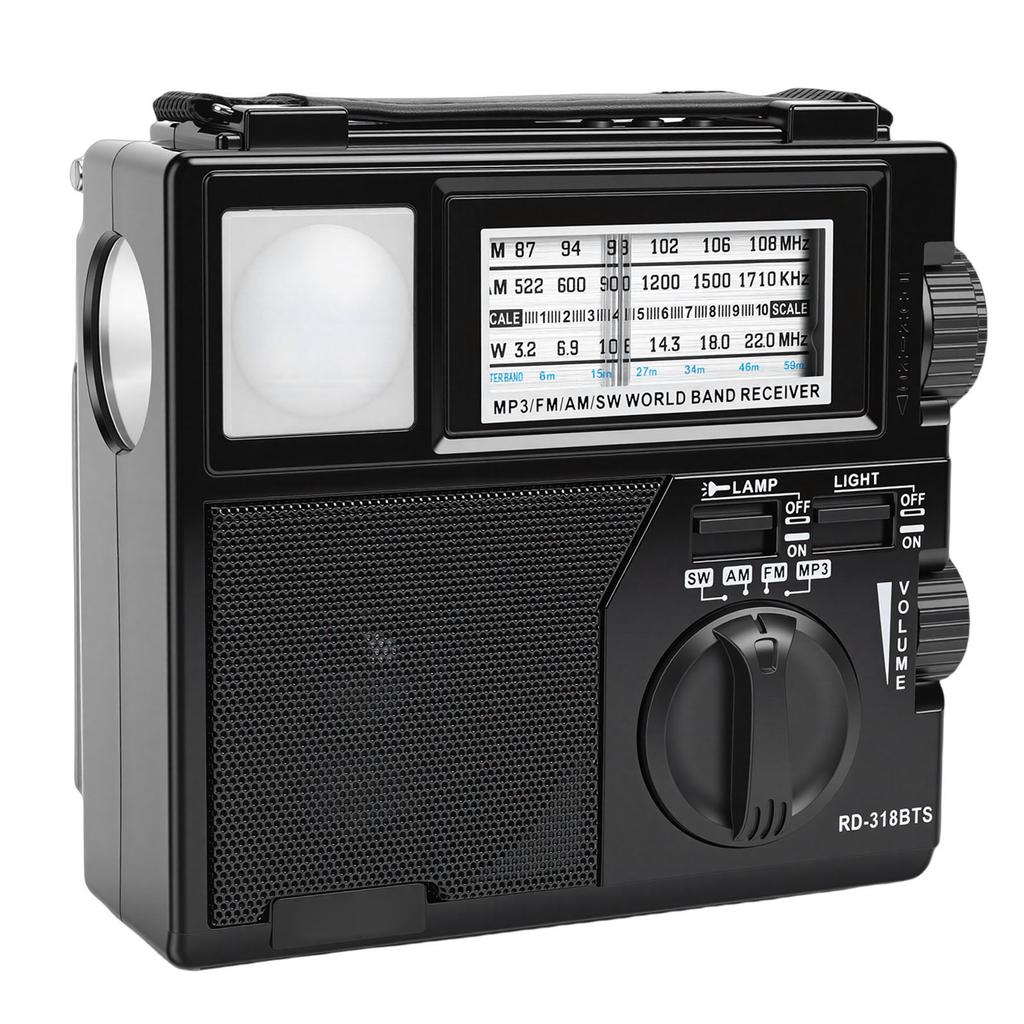 AM FM SW Radio Solar Battery Operated USB Rechargeable Bluethooth Portable Radio Supports Memory Card USB Playback with