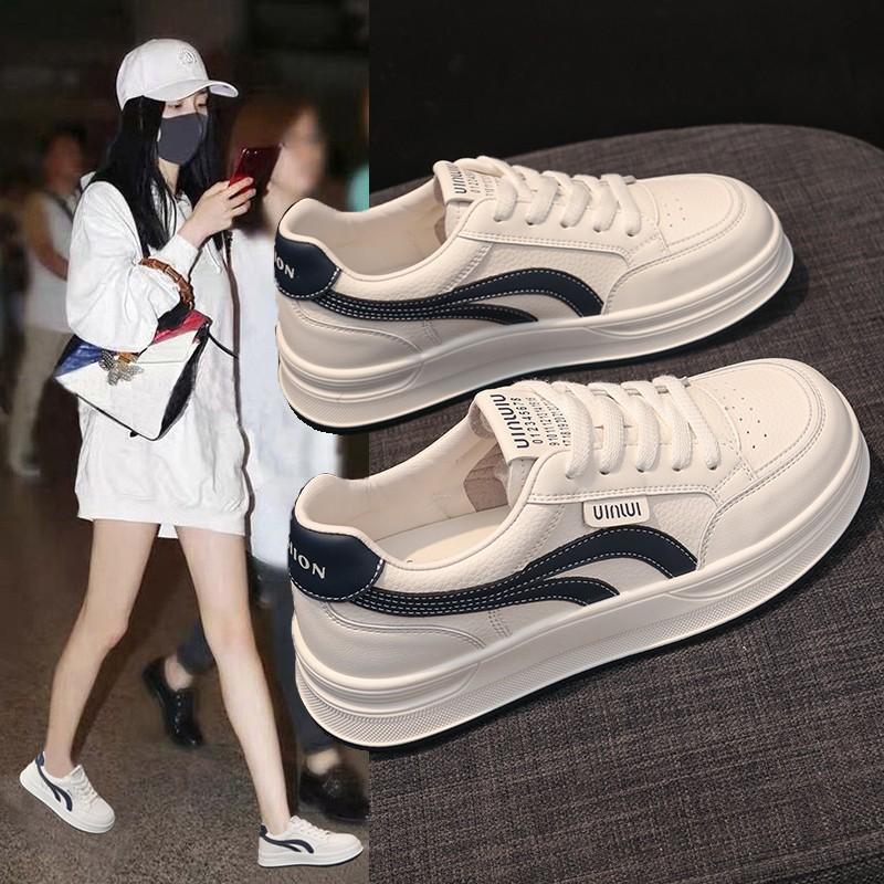 Leather White Shoes Women's Thick Baseplate Shoes 2025 Summer New Light Breathable Comfortable Sports Leisure Sports Board Shoes