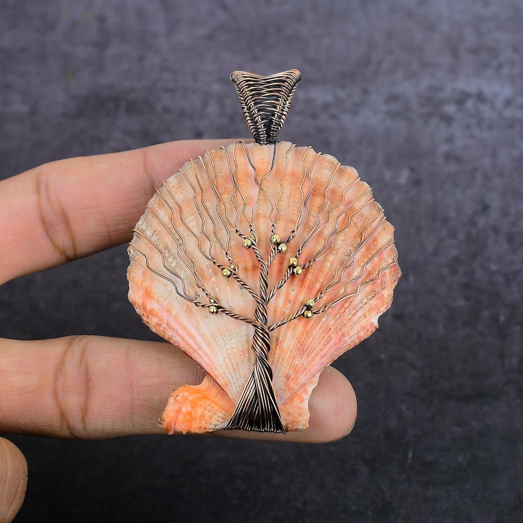 Orange Sea Shell Gemstone Handmade Copper Wire Wrap Jewelry Pendant 3.07" K9h25