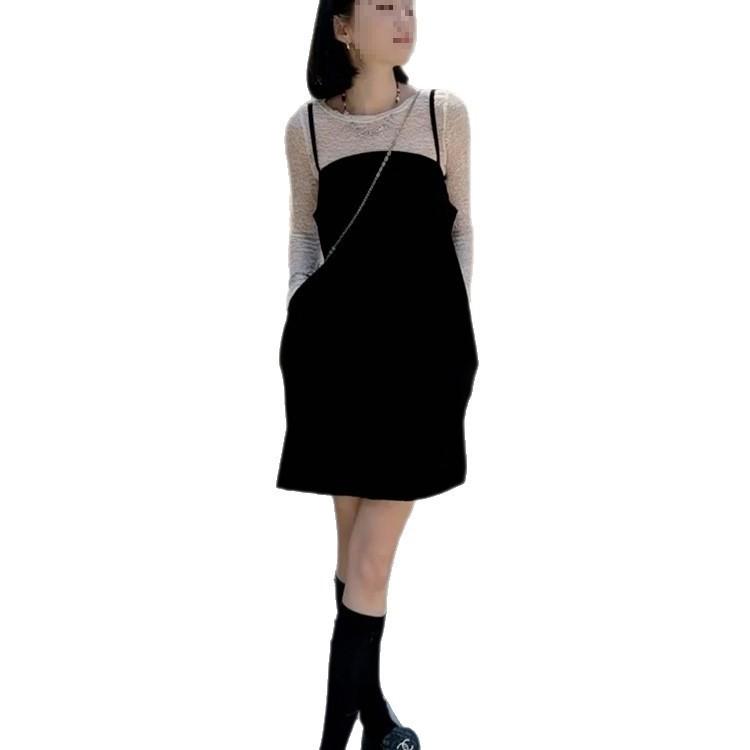 French Design Black Knit Dress With Long Sleeve Round Neck For Spring Summer Women