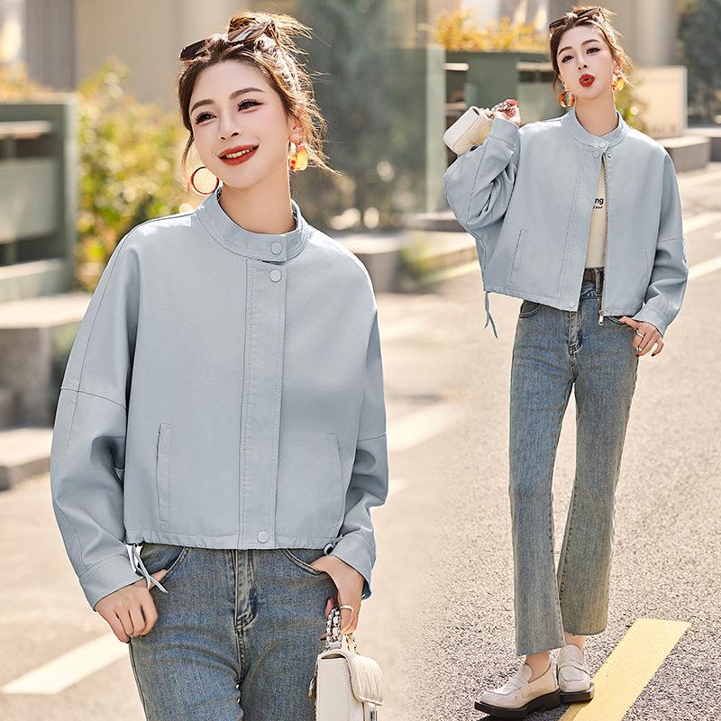 Women's Casual PU Leather Jacket with Stand Collar, Spring/Autumn 2025, Loose Fit, Small Size, XG9961