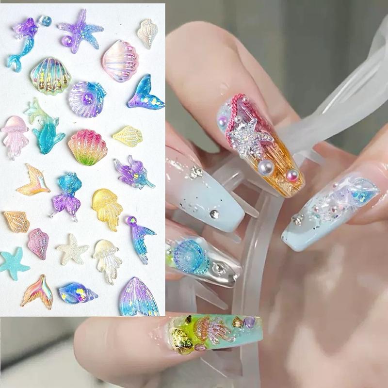3D Resin Nail Charms 50PCS Ocean Themed Colorful Conch Jellyfish Translucent for DIY Nail Art Decoration