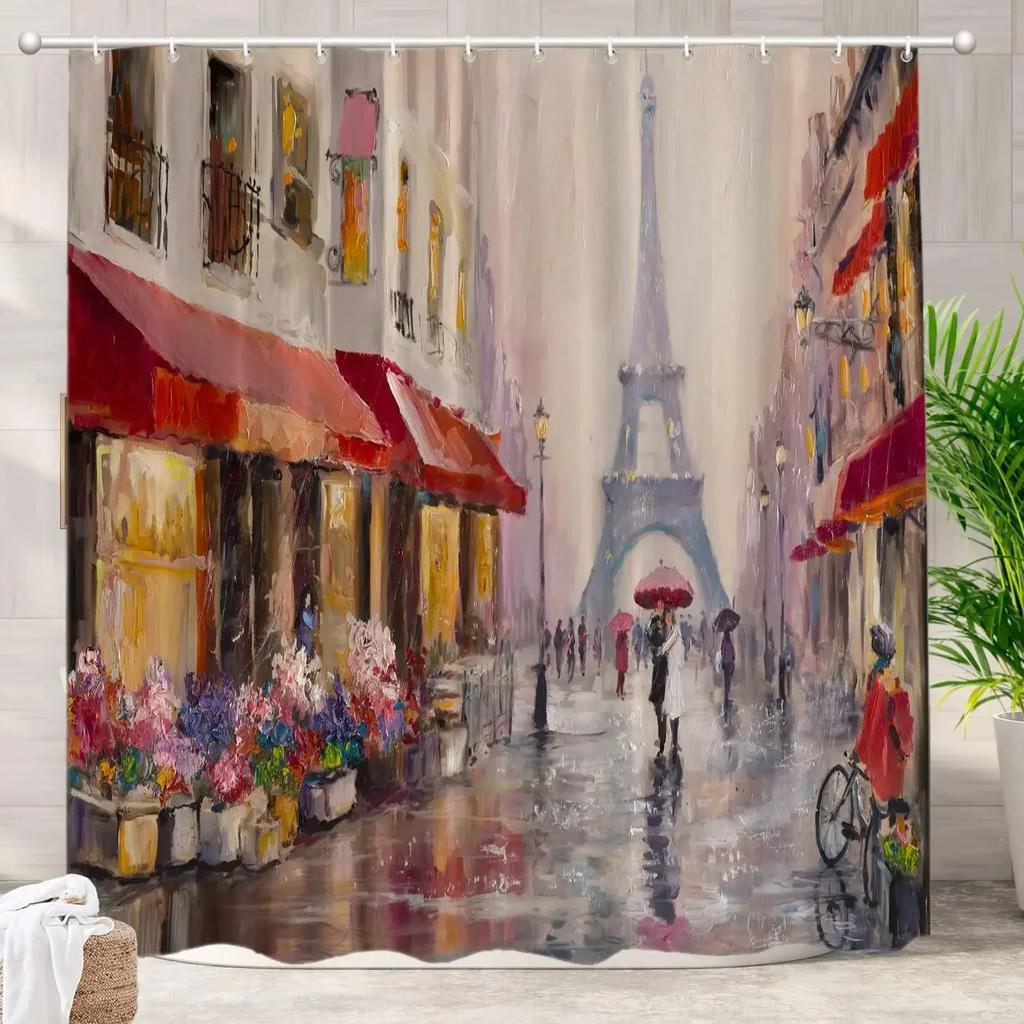 Rideau de douche décoratif Château moderne rouge Tour Eiffel Fleur de cerisier romantique Neuschwanstein Décor de salle de bain Tissus en polyester