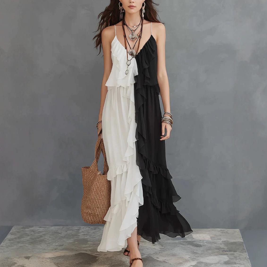 2026 European and American casual bohemian urban V-neck short-sleeved ruffle edge retro dress S
