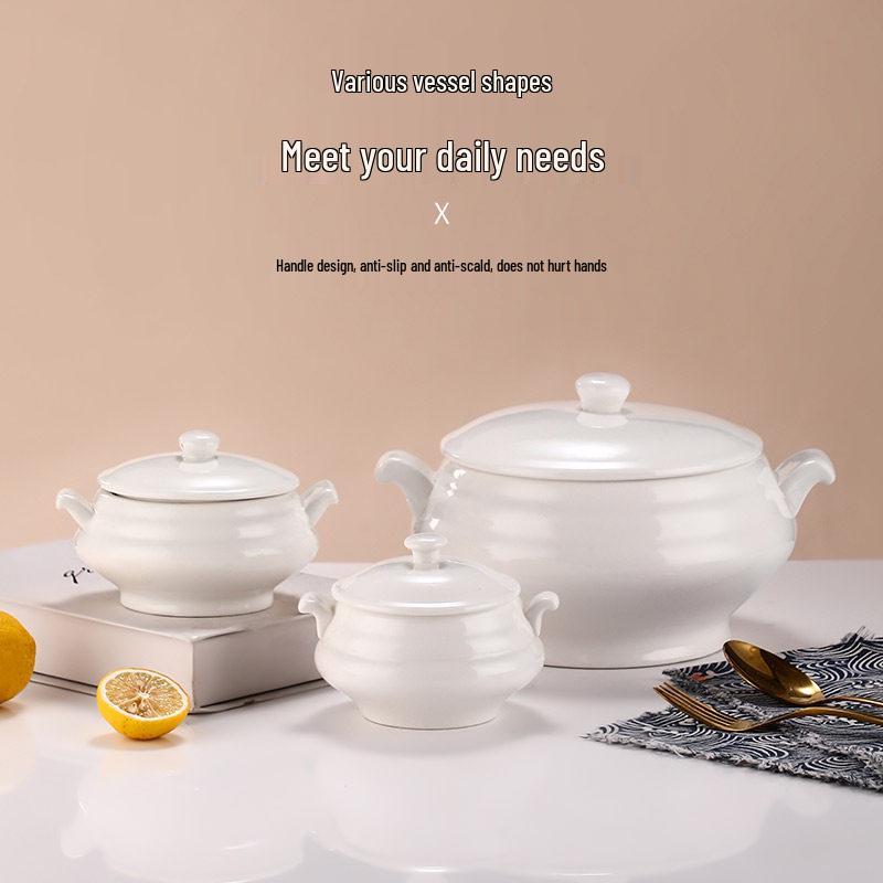 Double-Handled Ceramic Cantonese Stew Pot with Lid - Large Soup Bowl for Household or Hotel Use