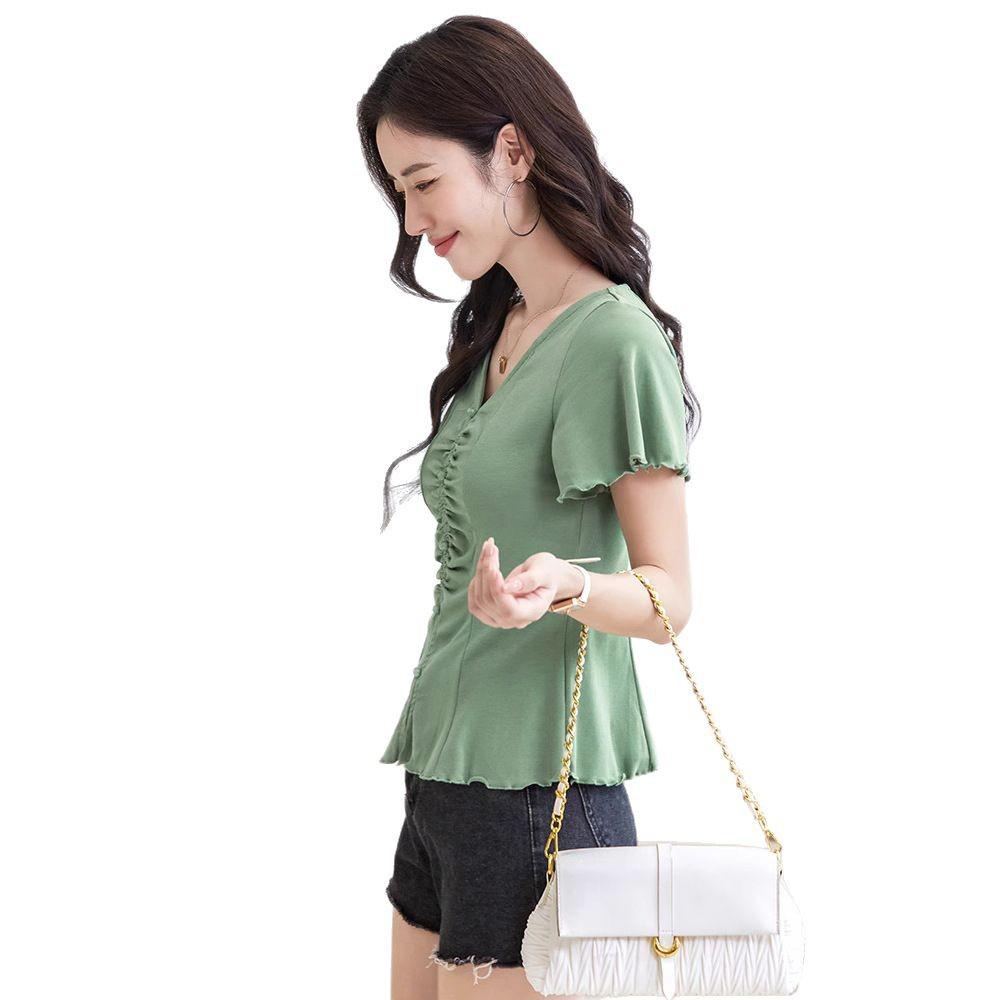 Frühling/Sommer 2025 Damen V-Ausschnitt Kurzarm T-Shirt - Koreanischer Stil mit süßen Rüschenärmeln