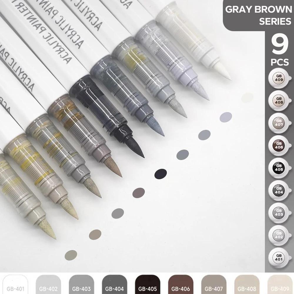 9 stuks/set Acryl Brush Markers Set - Pro Art Markers met Inktregeling voor Schilderen Tekenen Schetsen