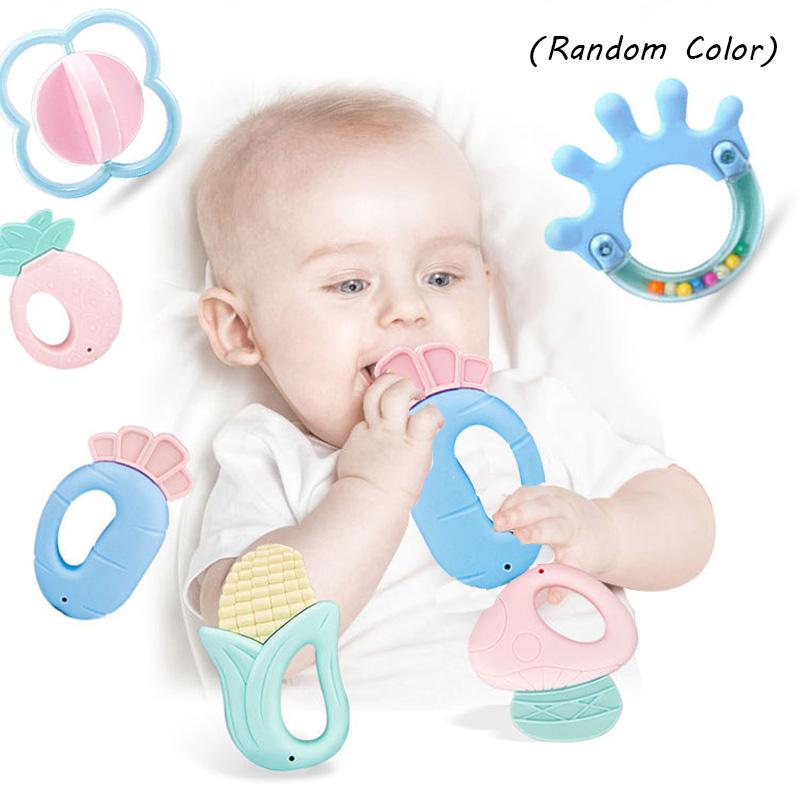 Baby 6pcs Silicone Rattle Set Infant Food Shaped Molar Stick Teething Toys Chew