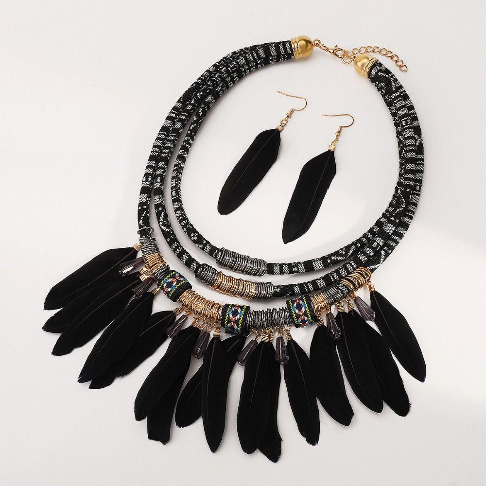 Fashion Feather Tassel Necklace Multilayer Necklace Earrings Set Ethnic Jewelry Set  Women Jewelry