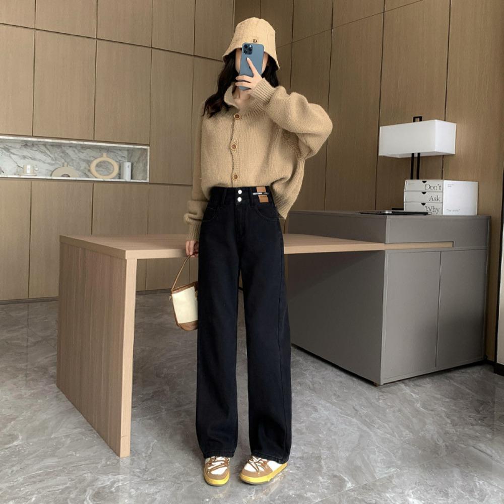 

Versatile straight jeans women s 2025 new autumn and winter high-waisted and thin small drape wide-leg floor pants 2XL чёрный